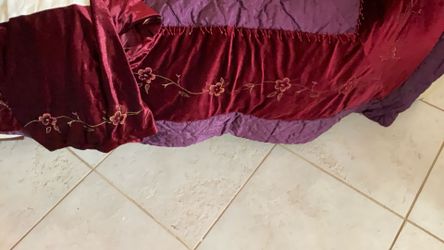 King Size Velvet Bed Spread With Skirt Has Little Flowers  Along The Sides.