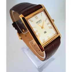 Men's Vintage Seiko Tank Leather Wrist Brown and Gold Watch RARE