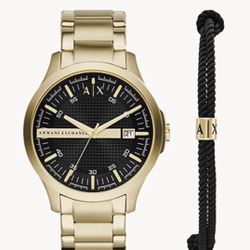 Armani Exchange Three-Hand Gold-Tone Stainless Steel Watch and Bracelet Gift Set