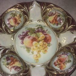Antique Hand painted Porcelain Fruits  Scalloped Bowl 