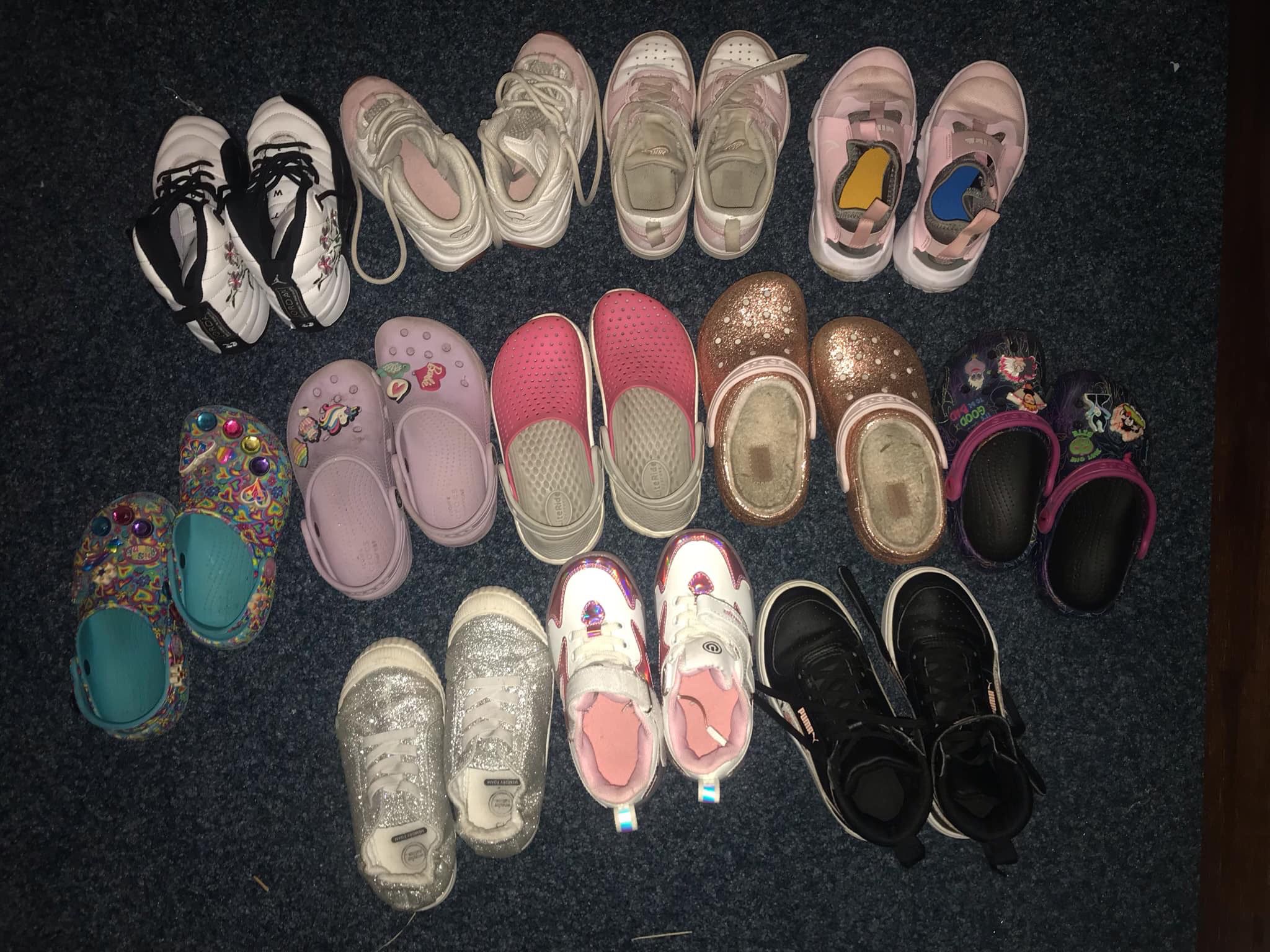 12 PAIRS OF SHOES! 12C Girls Shoes, CROCS, NIKE, JORDANS, PUMA, SKATE SHOES
