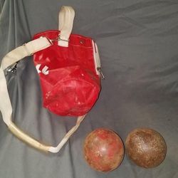 2 Vintage 8 pound Gill Shot Puts and Bag