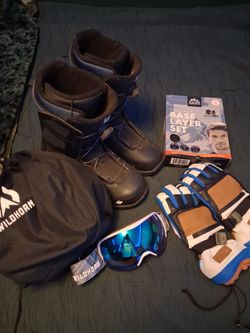 Helmet, boots, glasses, base layer set, gloves