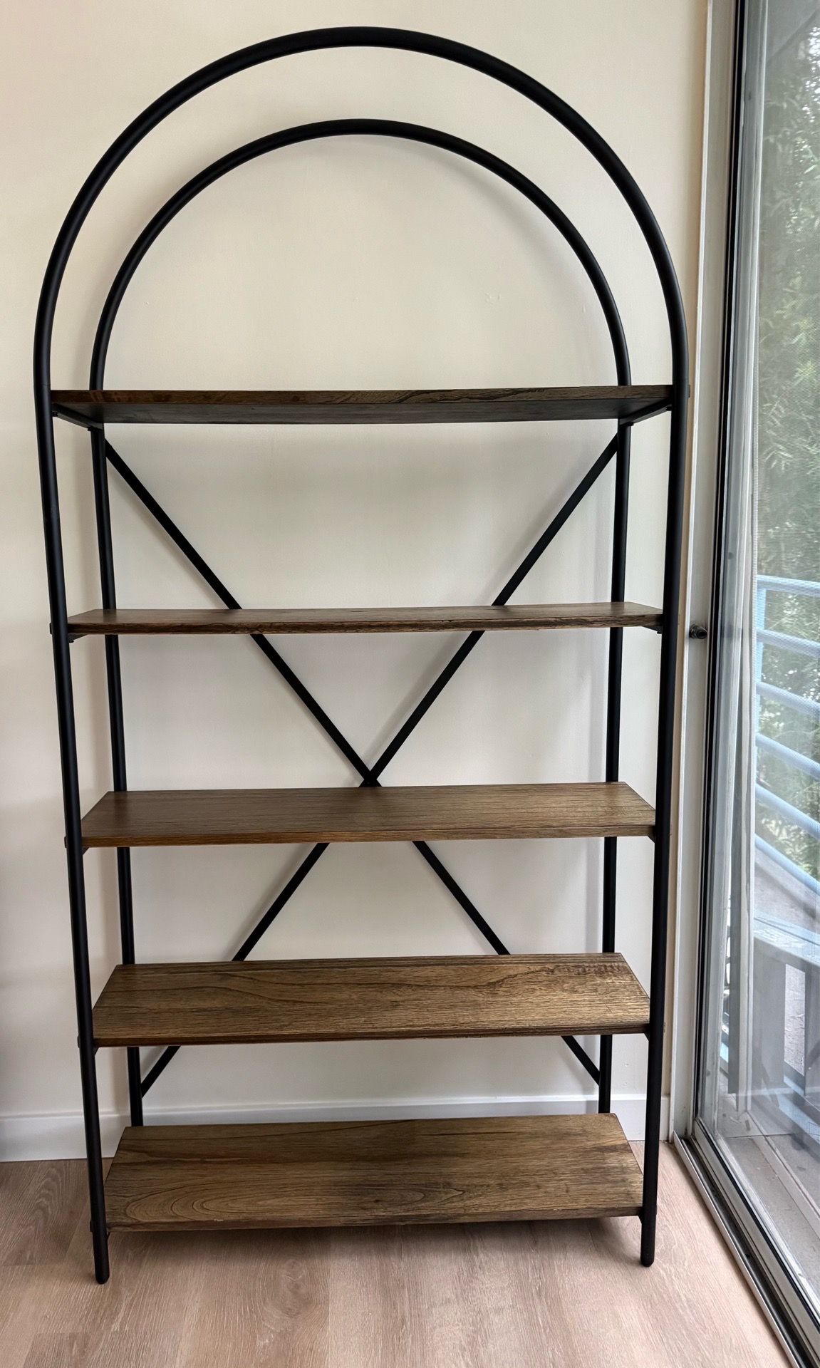 Arched 5-Tier Bookshelf – Black Metal & Wood Shelves