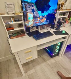 white wooden desk with chair