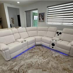 WHITE LEATHER Recliner Sectional LED’s Lights - RECLINABLE DE PIEL