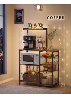 Baker's Rack, Microwave Stand, Kitchen Storage Rack with Wire Basket, 6 Hooks, and Shelves, for Spices, Pots, and Pans, Rustic Brown and Ink Black UKK