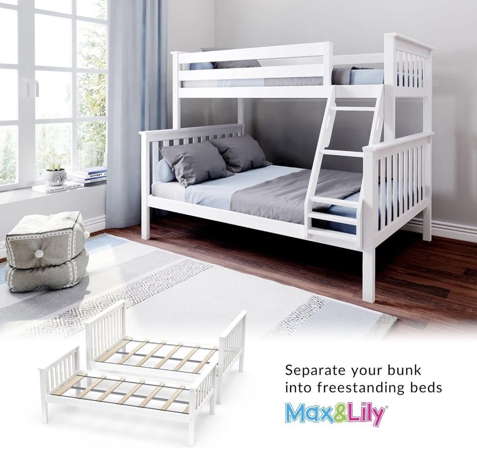 Max & Lily Bunk Bed Twin Over Full Size with Ladder, Solid Wood Bunk Bed