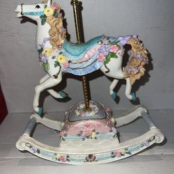 Ceramic Carousel Horse On Pole With Wind Up Music Box And Rocking Motion