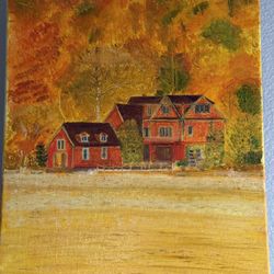 Lakeside House In Forest Autumn Landscape Oil Painting