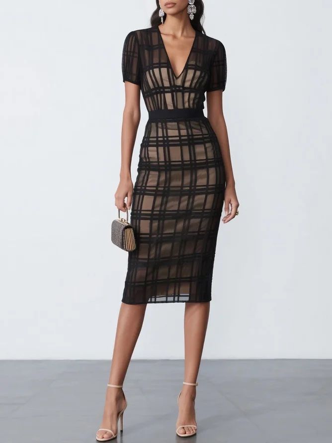 Ladies Plaid Black Sheath Cocktail Dress