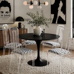 Lucite Dining Chairs with “Ew, David” Custom Cushions - Set of 4