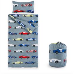 Wake In Cloud - Sleeping Bag Zippered, Nap Mat with Matching Pillow for Kids Boys Girls Sleepover Overnight Travel Slumber Bag, Sports Race Cars Super