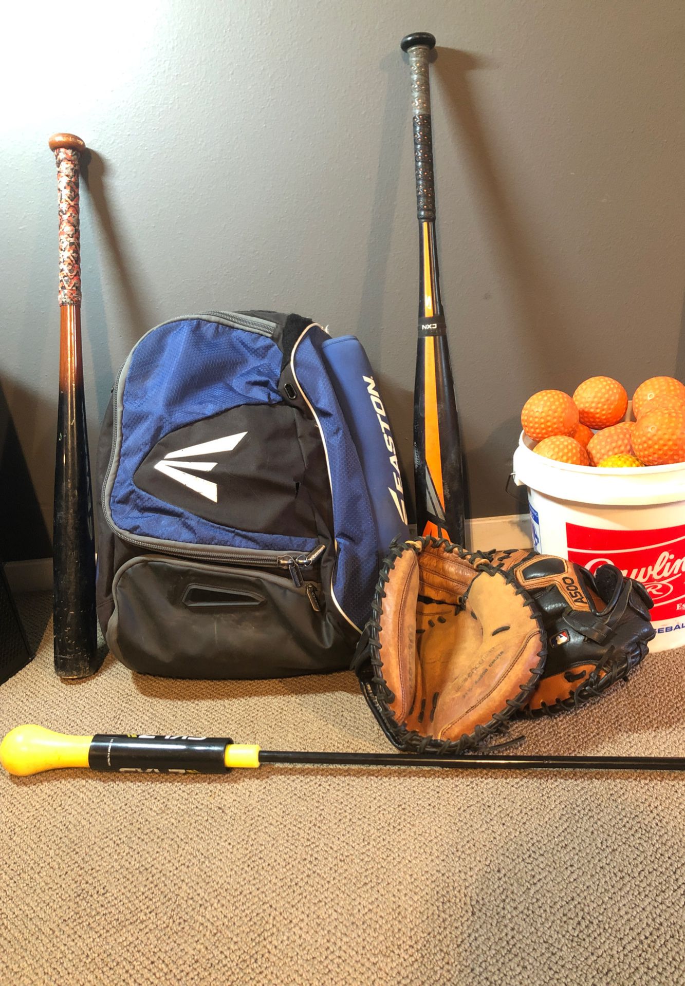 Easton bag and bat, dimple balls, 2 Wilson A500 catchers gloves, skilz swing trainer & bamboo bat