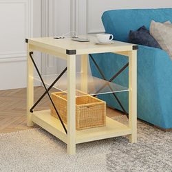 End Side Table with LED Lights, Small Bed Side Table with Charging Station for Narrow Place - Smart Nightstand Night Stand with Storage, Nat
