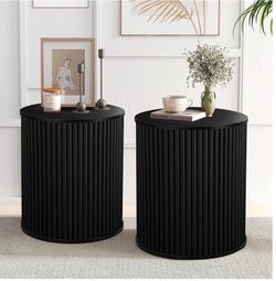 Black Fluted End Tables Set of 2 with Hidden Storage