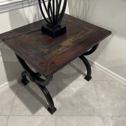 2x Walnut Side Tables with Tile Inlay Top & Metal Base