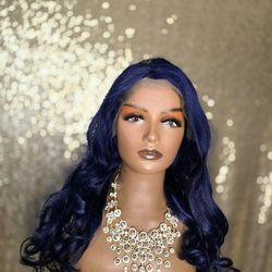13x4 Lace Front Blue Human Hair Wig New   22" 