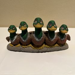 Vintage Ceramic Five Mallard Ducks On Log Farmhouse Cottage Decor Whimsical