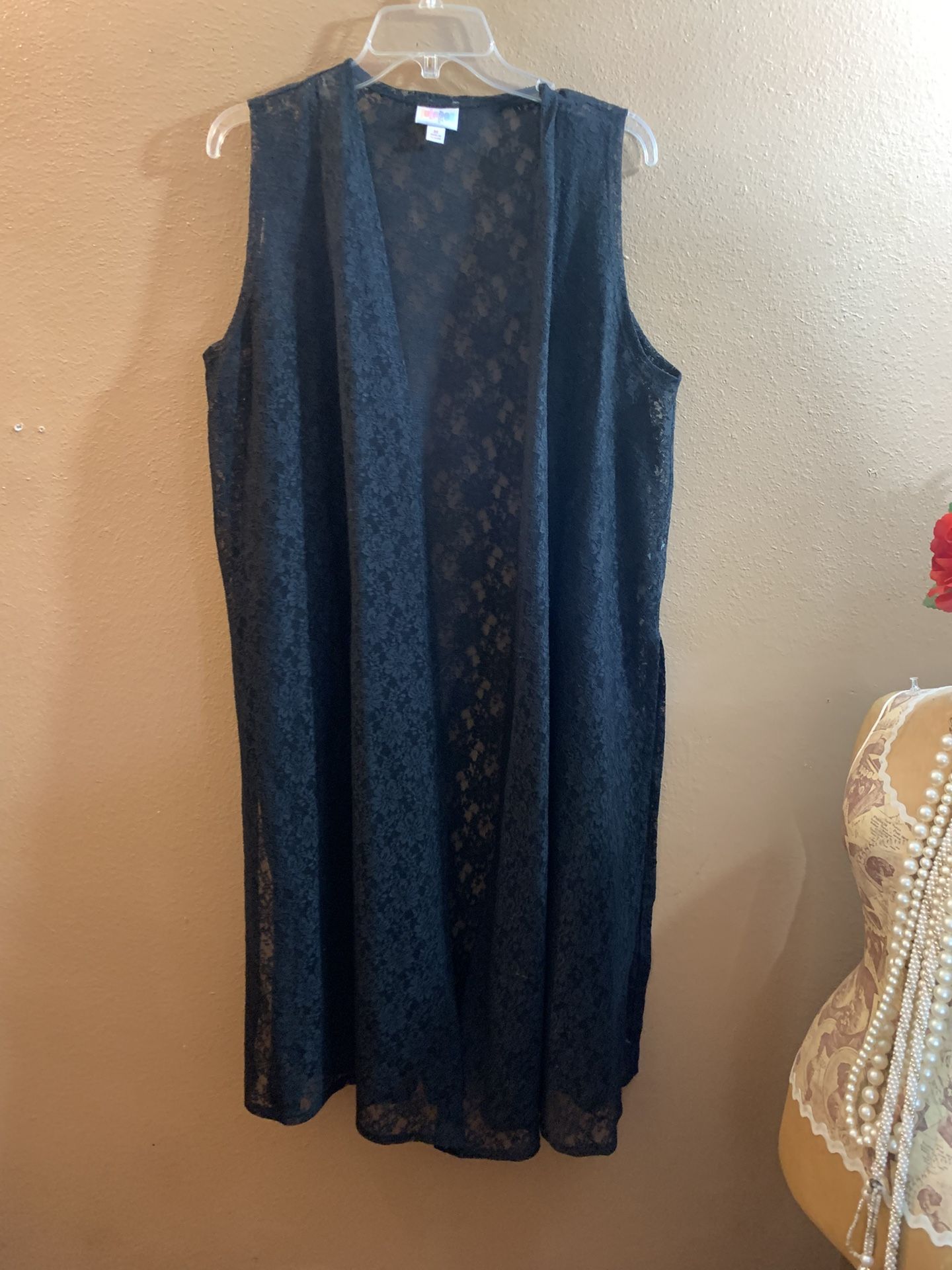 LulaRoe Joy Black Lace Sleeveless Long Vest Duster - M