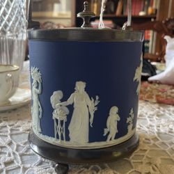 Antique Wedgwood Blue Jasperware biscuit tin attention Michael