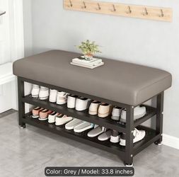 [Soft Cushion Shoe Stool] Modern Shoe Changing Stool with Soft Cushion- Multi Compartment Shoe Storage Organizer, Space Saving Metal Frame Shoe Rack f