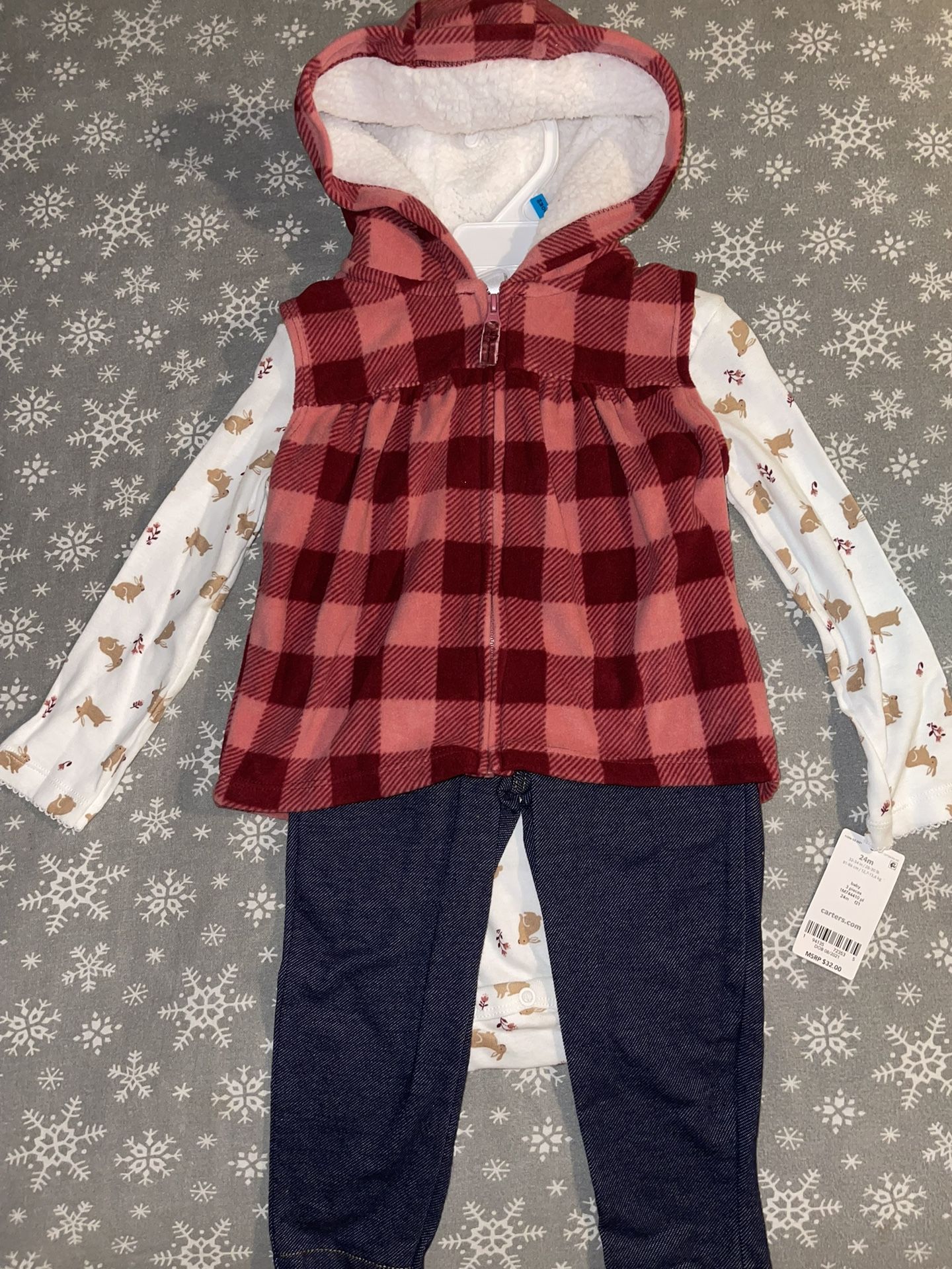 Baby Girl Carter's 3-Piece Plaid Fleece Vest, Bunny Bodysuit & Pants Set