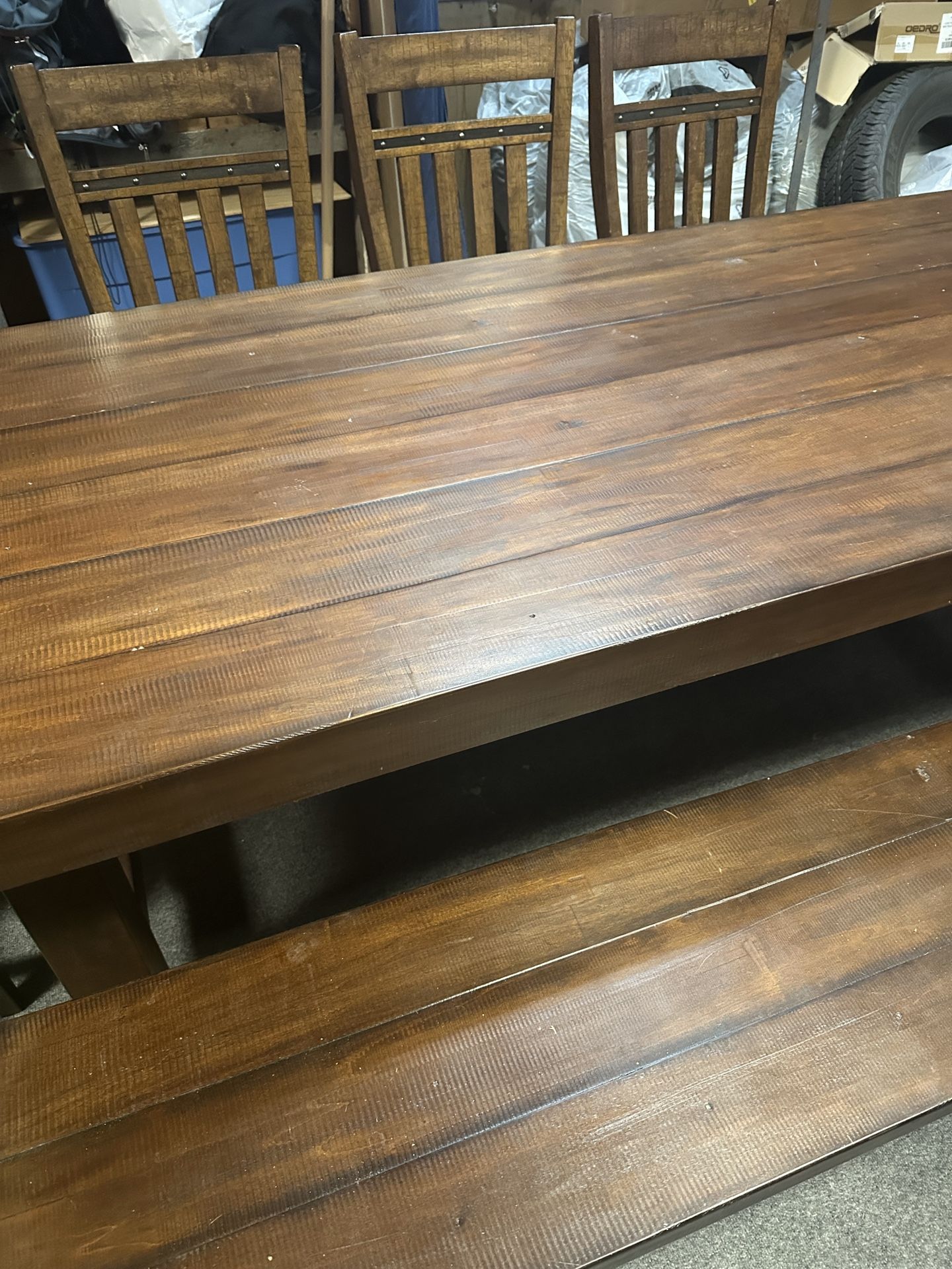 Beautiful wood table with 4 upholstered chairs and full size bench