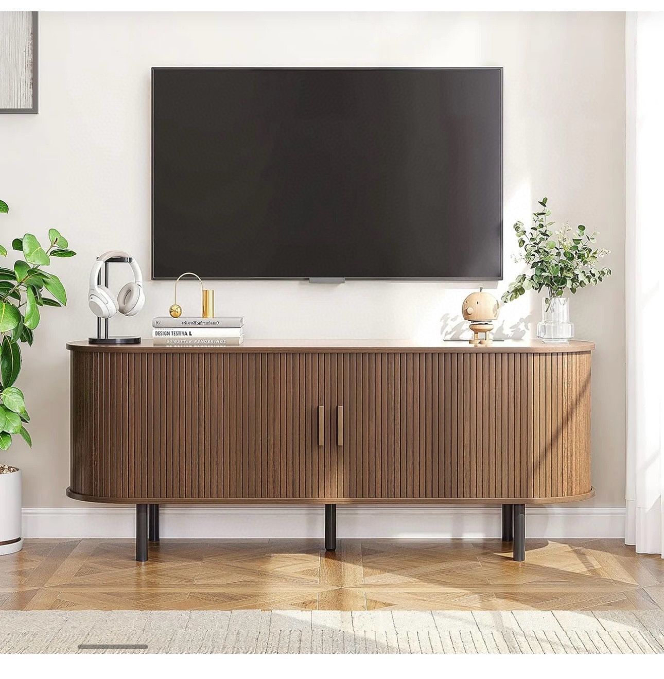 63" TV Stand for 70" TV, Wood Entertainment Center with Storage and Shelves, 2 Sliding Tambour Doors, Mid-Century Modern, Walnut