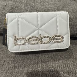 Bebe Zaza Rhinestone Logo Small Crossbody Bag White Chain Strap
