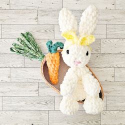 Crochet Bunny Snuggler Lovey Plushie Stuffed Animal Carrot Easter Basket Stuffer