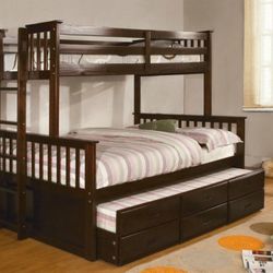 Brand New Espresso Twin Over Full Bunk Bed w Trundle Bed + Drawers 