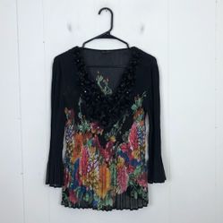Alison Sheri Pleated Floral Sequinned Blouse Sz M