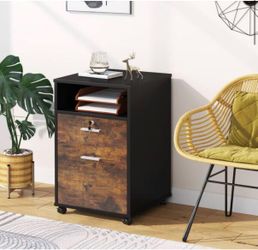 2-Drawers Rustic Brown Engineered Wood 15.7 in. W Vertical File Cabinet with Rolling Wheels and 2 Shelves Office