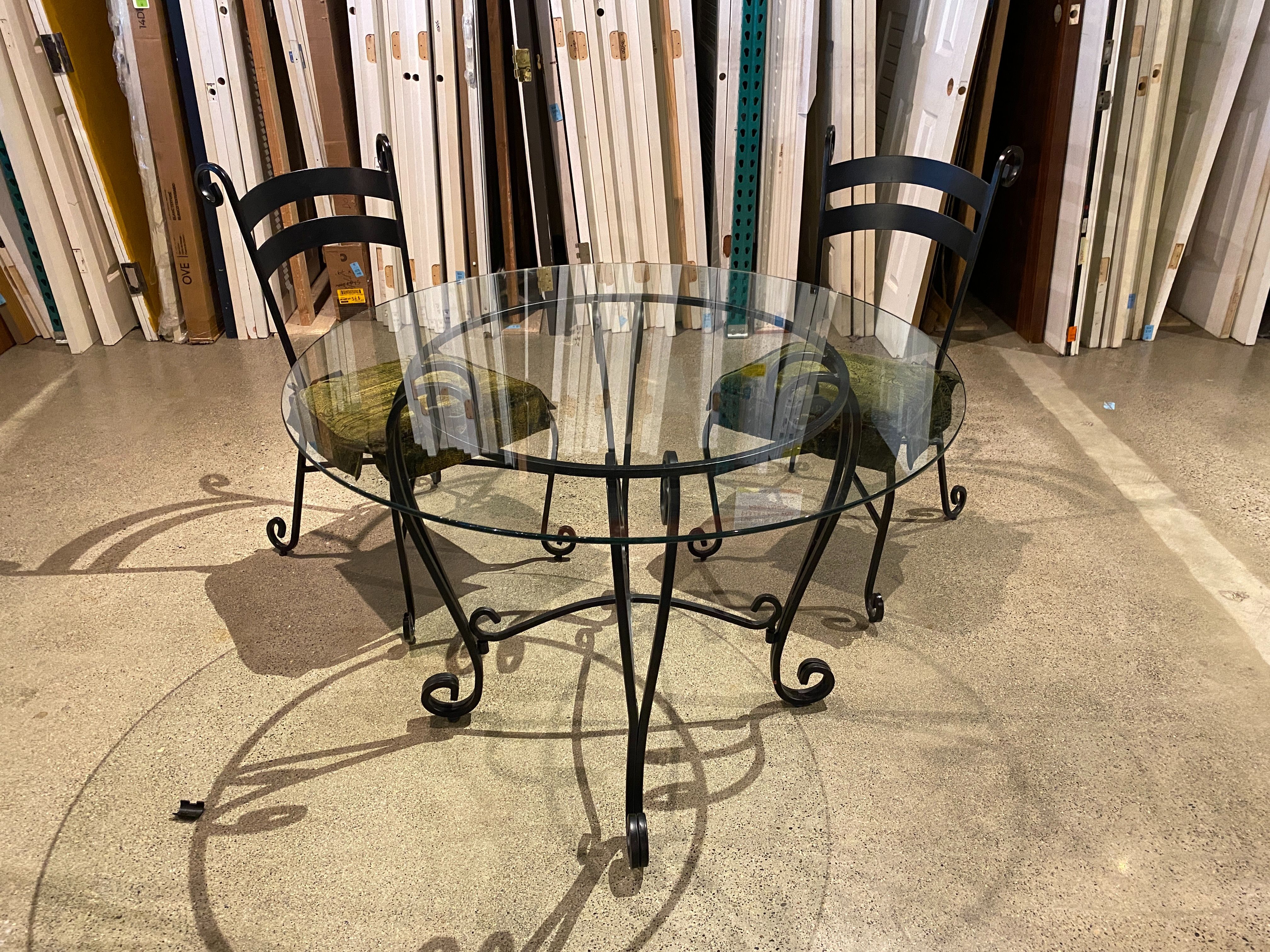 42″ Round Glass Top Table with Wrought Iron Base and Chairs