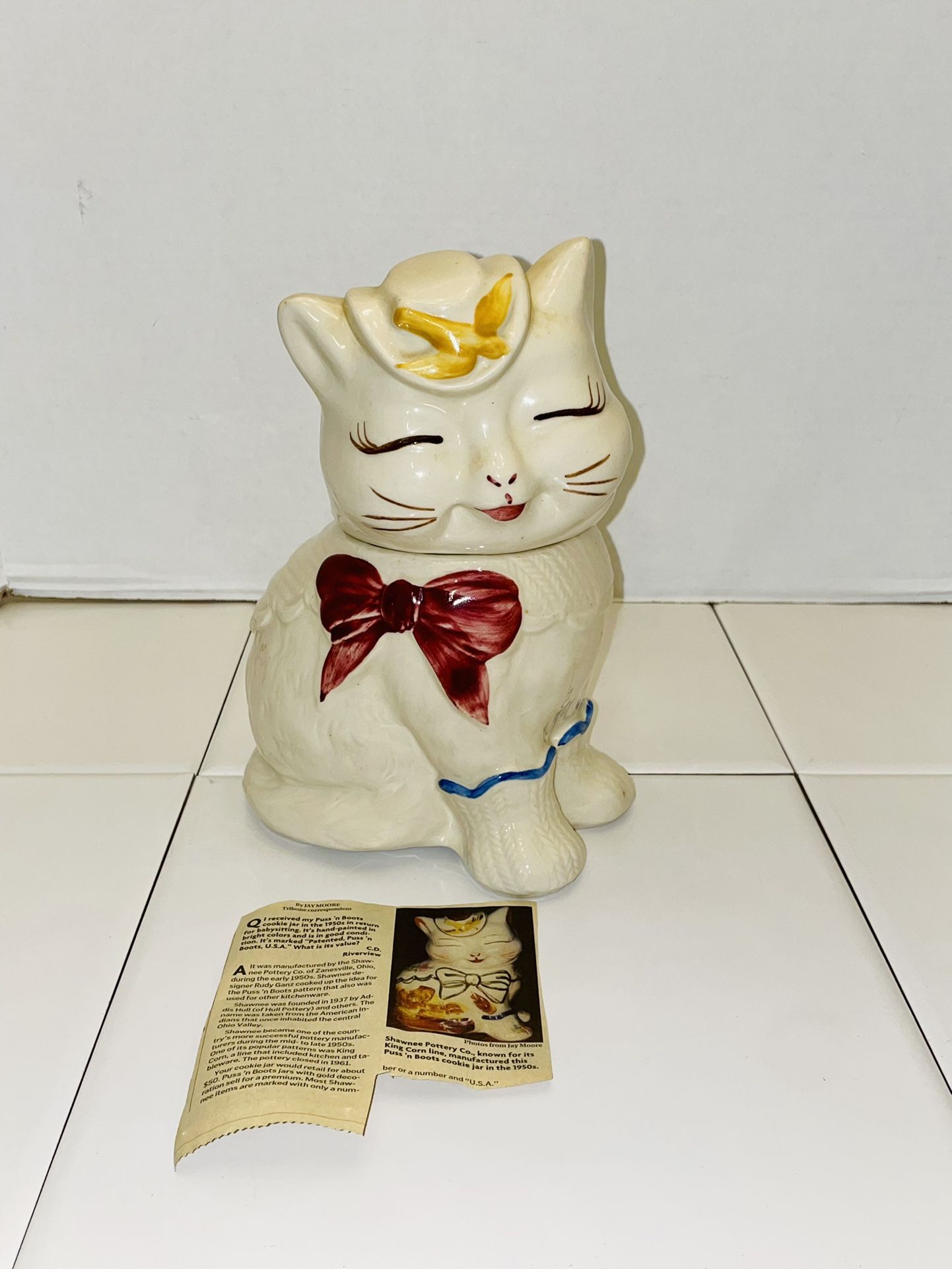 Rare Vintage MCM Mid Century Modern 1940’s Shawnee Pottery Co. Puss ‘N Boots Hand Painted Cat Ceramic Cookie Jar