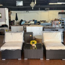 🔥Set of 3🔥Outdoor Patio Furniture， PE Rattan Wicker Sectional Sofa Sets with Pillows & Cushions, Coffee Table(White)  💰150$
