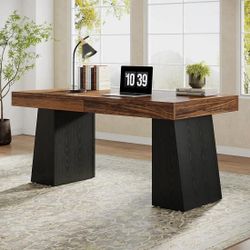55" Executive Desk With Double Trapezoid Base, Modern Wooden Computer Desk For Home Office