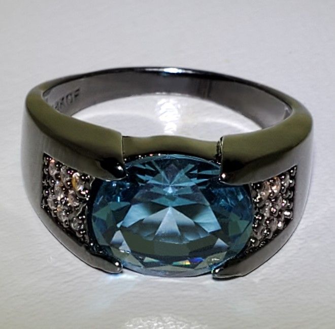 Men's Gun Metal Black Gold Filled Aquamarine Ring Size 10