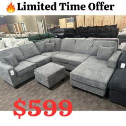 Living room Slate Gay Chenille Sectional Sofa With Ottoman 57"W X 78.5"D X 59"H