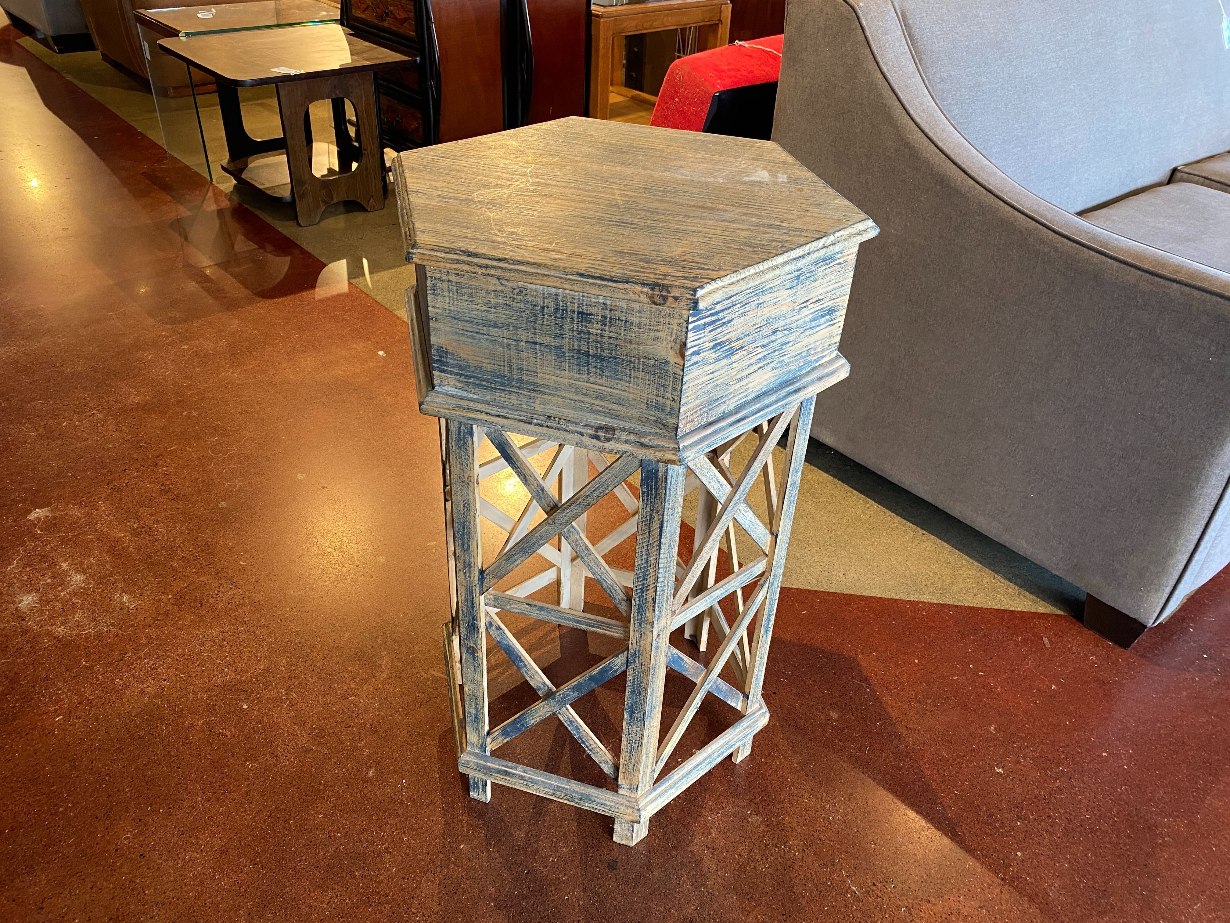 Hexagon Shaped Blue Weathered Side Table