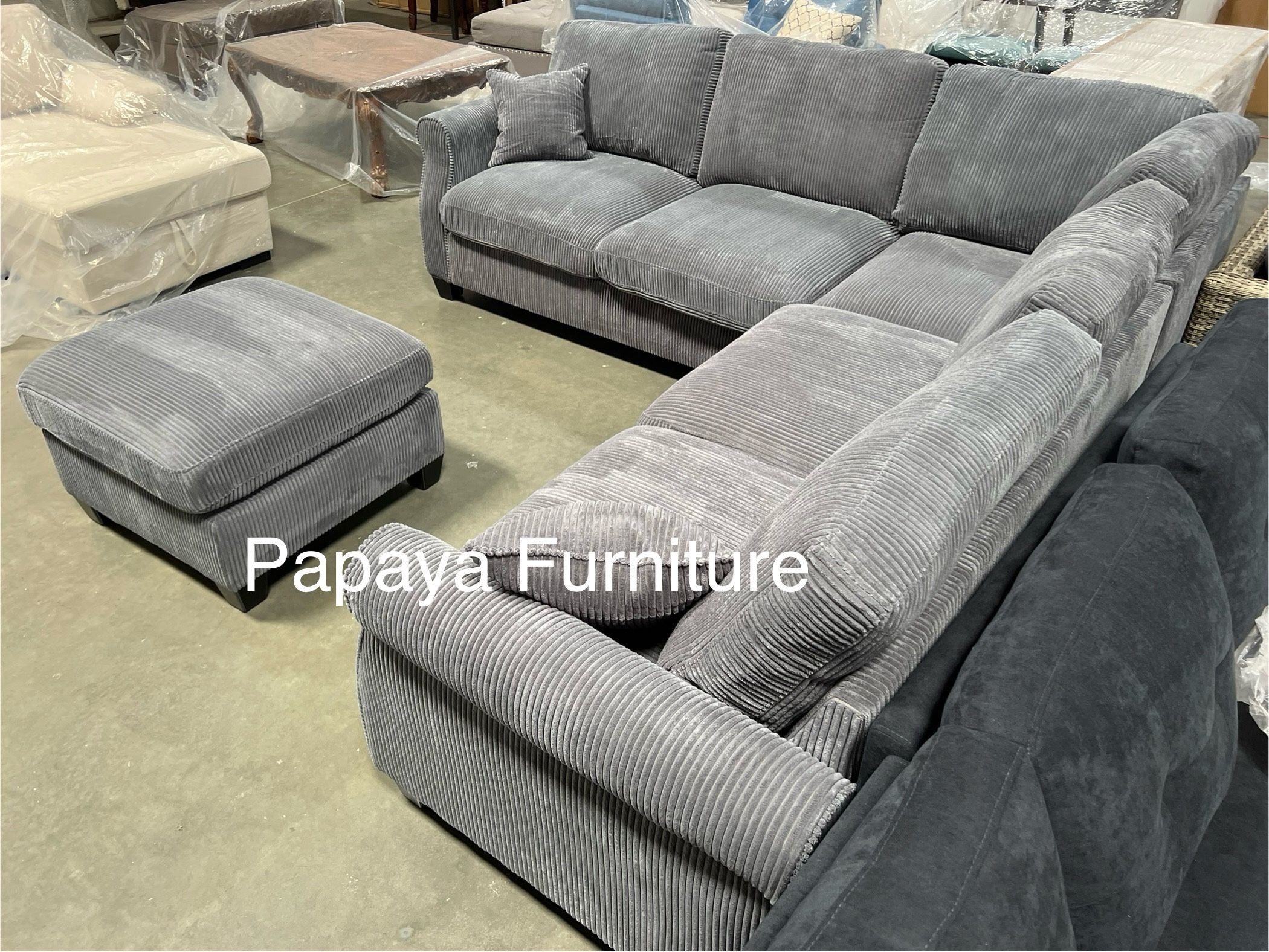 New! Comfy Plush Sectional Couch, Sectional And Ottoman, Grey Sofa, Gray Couch, Corduroy Sectional, L-Shaped Sofa, Living Room Sofa Set, Plush Couch