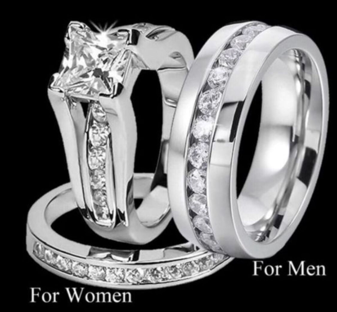 New 18 k white gold men’s and women’s wedding ring set engagement ring