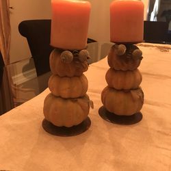 FALL/HALLOWEEN/THANKSGIVING Set Of 2 Pillar 7” Tall Candleholders 