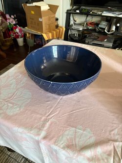 12.25”diameter , 6” deep Over and Back Portugal Blue Ceramic Serving Bowl