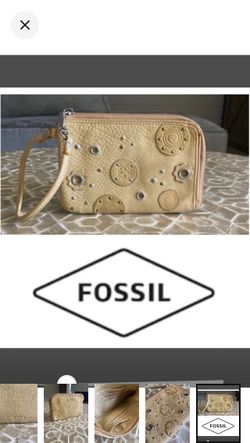 Fossil vintage floral embossed leather wristlet in mustard