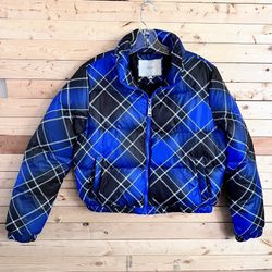 ZIAI Blue Plaid Puffer Zip Up Crop Short Winter Jacket Coat nWOT Size 38/8
