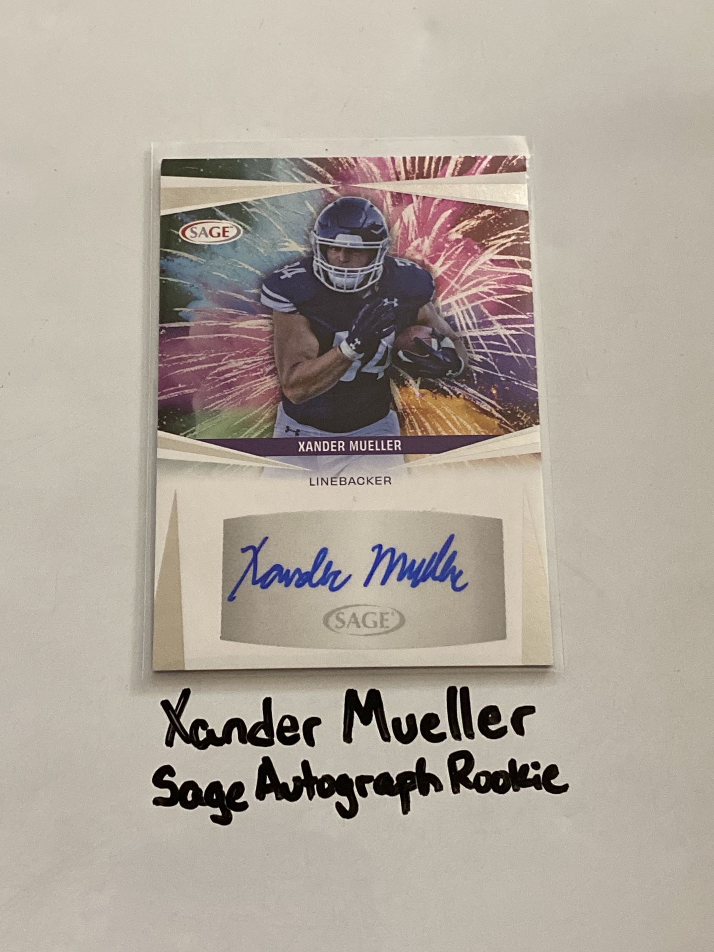 Xander Mueller Kansas City Chiefs LB Sage Short Print Autograph Insert Rookie Card.