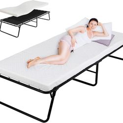 Folding Bed,Rollaway Bed with Mattress for Adults,Portable Bed,Metal Frame with Memory Foam Mattress,for Bedroom,Office,Camp,No Assembly Required,(75"
