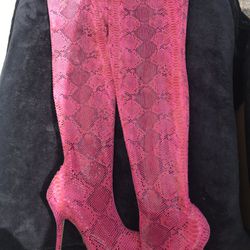 Pink Over The Knee Faux Snake Skin Boots